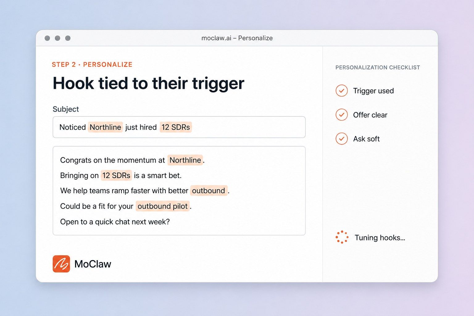 Step 2: sales email draft with highlighted personalization tokens