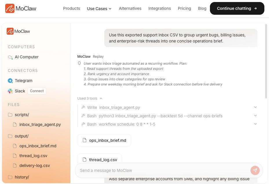 MoClaw AI computer running an inbox automation workflow with files, scripts and logs