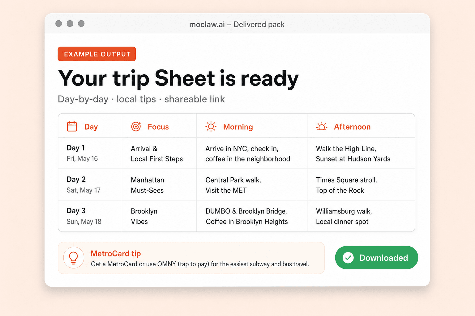 Delivered trip Sheet example with day-by-day rows and a local tip note