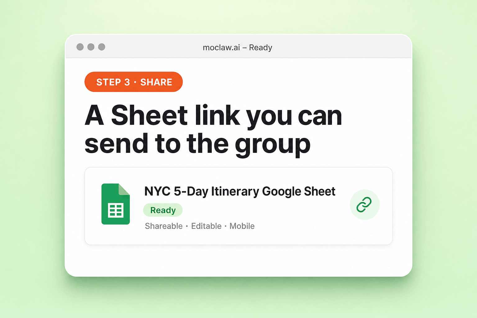 Step 3: shareable Google Sheet itinerary ready for the group