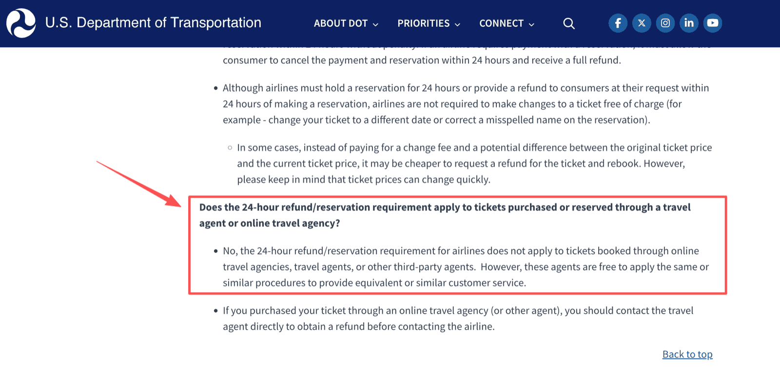 U.S. Department of Transportation refunds page confirming the 24-hour refund and reservation requirement does not apply to tickets booked through online travel agencies or other third-party agents