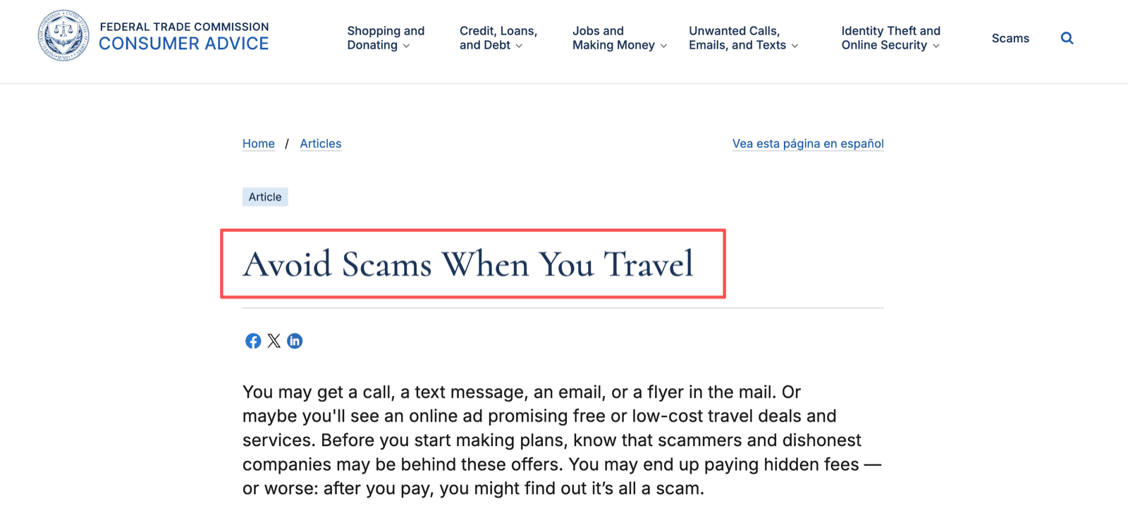 FTC Consumer Advice article titled Avoid Scams When You Travel, warning about hidden fees and fraudulent travel offers