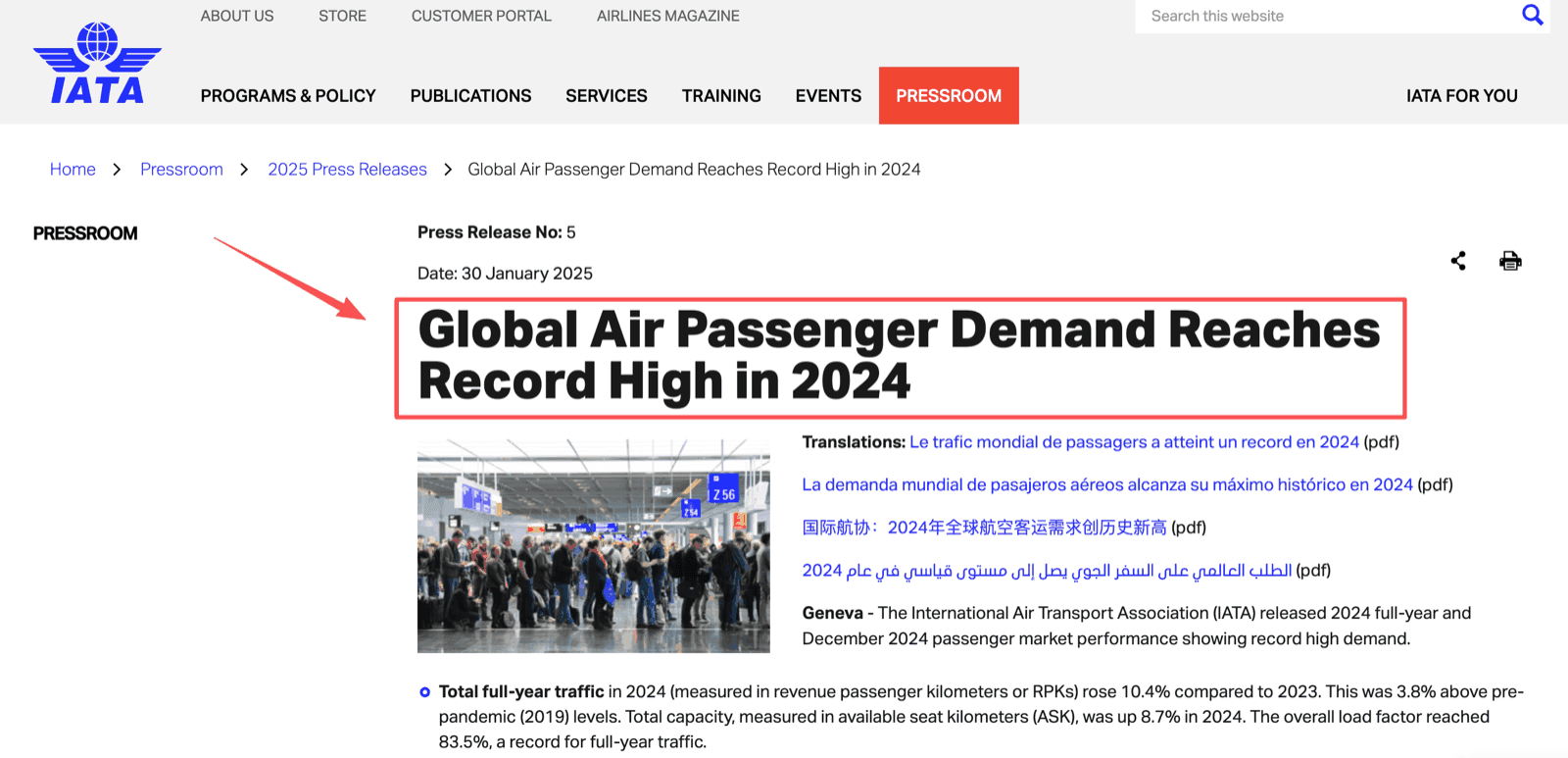 IATA press release dated 30 January 2025 reporting that global air passenger demand reached a record high in 2024, with full-year traffic up 10.4 percent