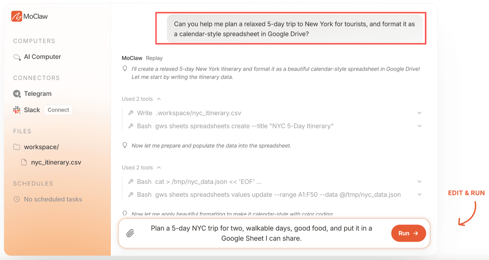 MoClaw interface showing the trip planning prompt and the tool calls it ran, including writing nyc_itinerary.csv and creating a Google Sheet titled NYC 5-Day Itinerary