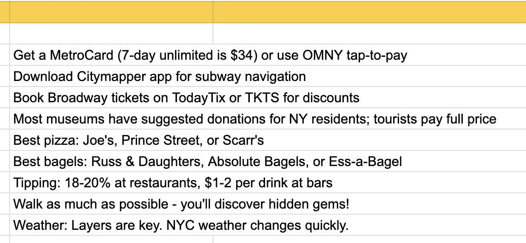 Close-up of the Travel Tips rows in the delivered Sheet, with the first line reading Get a MetroCard 7-day unlimited is 34 dollars or use OMNY tap-to-pay
