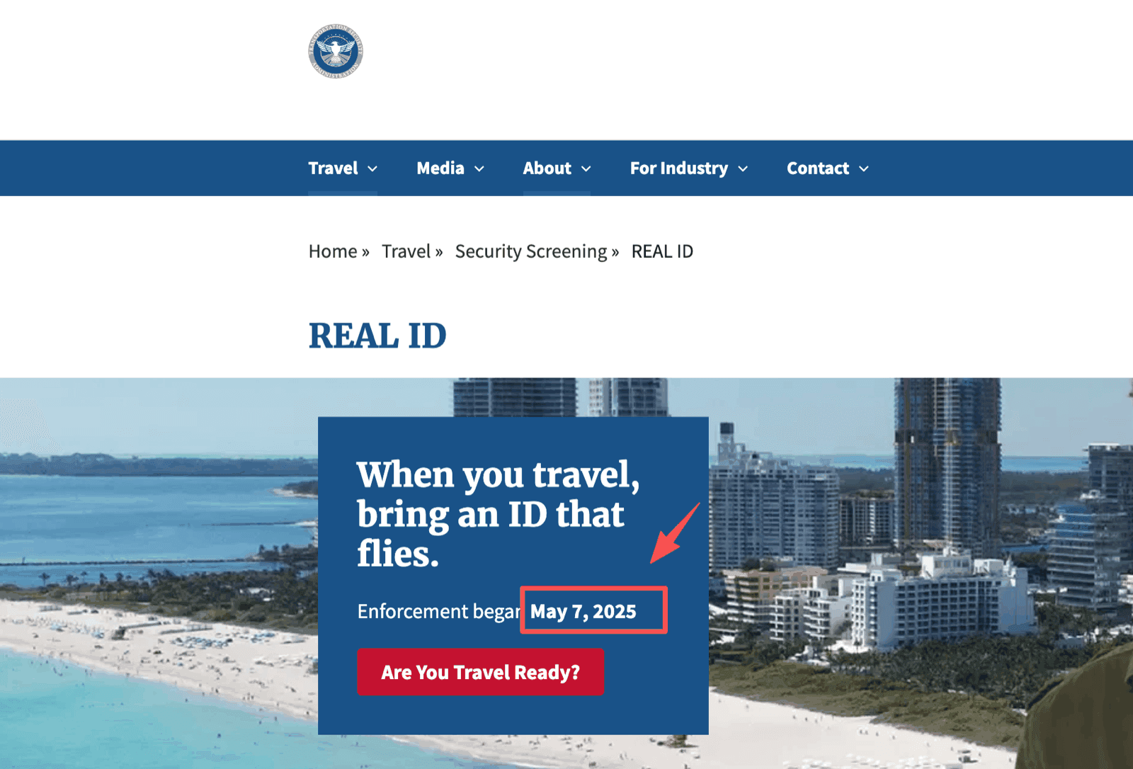 TSA REAL ID page showing the notice that REAL ID enforcement for air travel began May 7, 2025