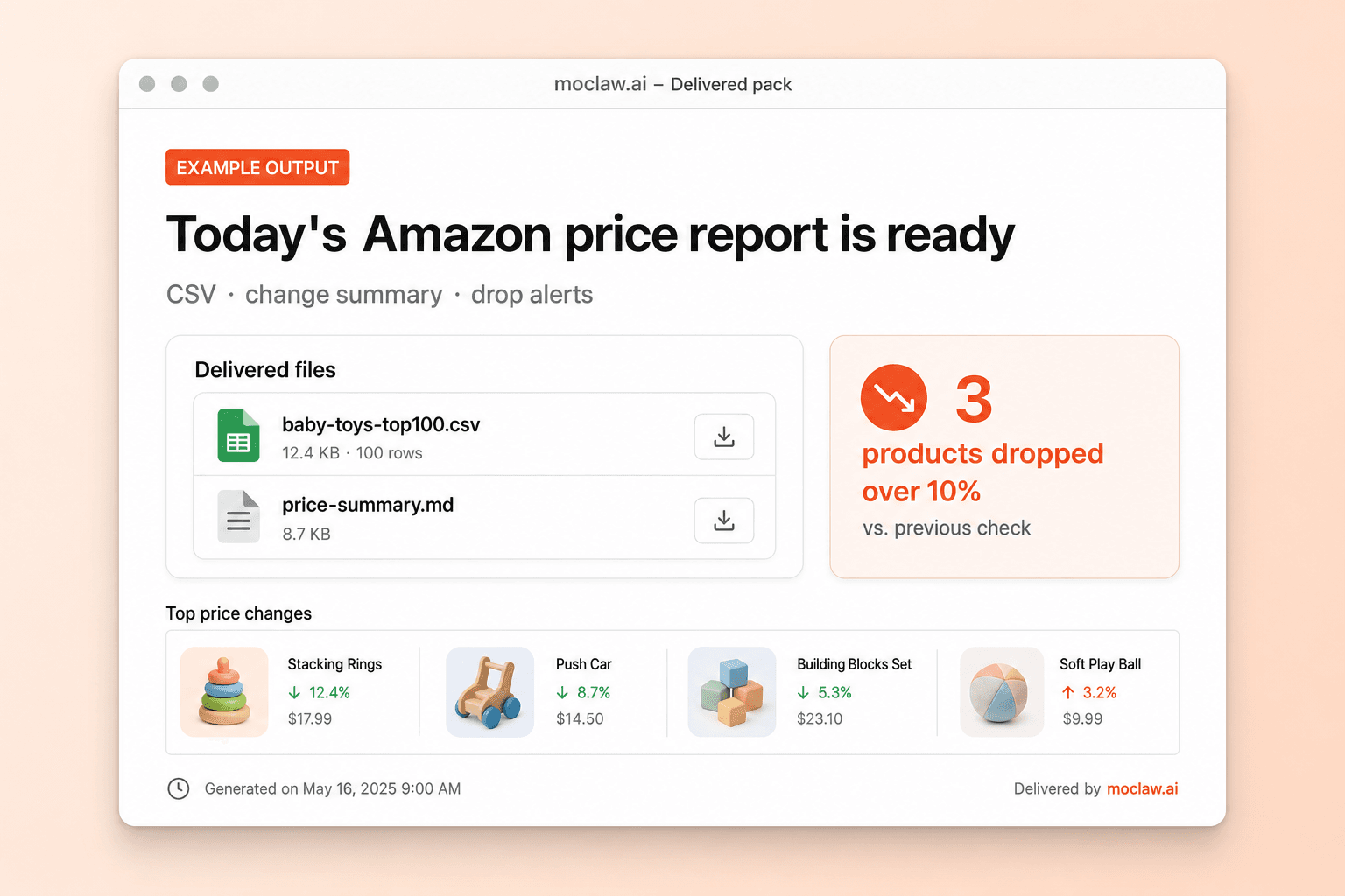 Delivered Amazon price report pack with CSV and change summary files