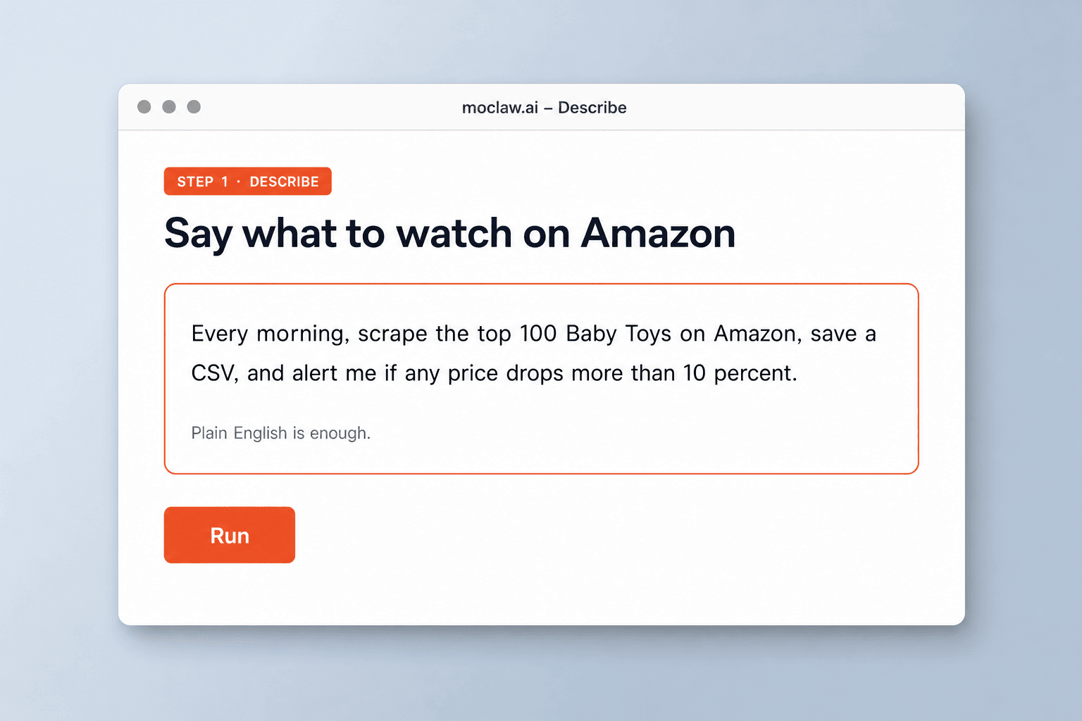 Step 1: describe the Amazon monitoring task in plain English on moclaw.ai