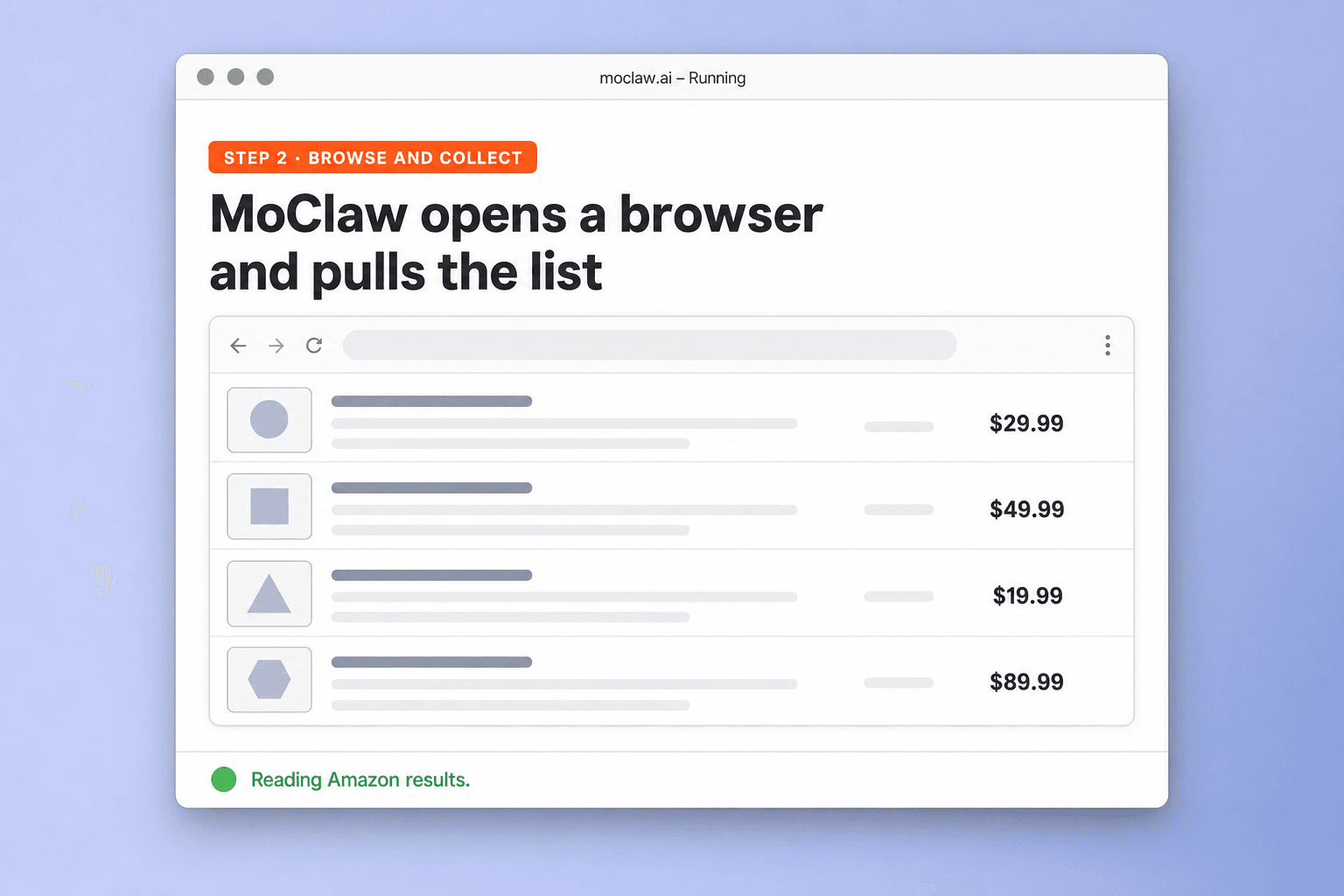 Step 2: MoClaw browsing Amazon results and collecting prices