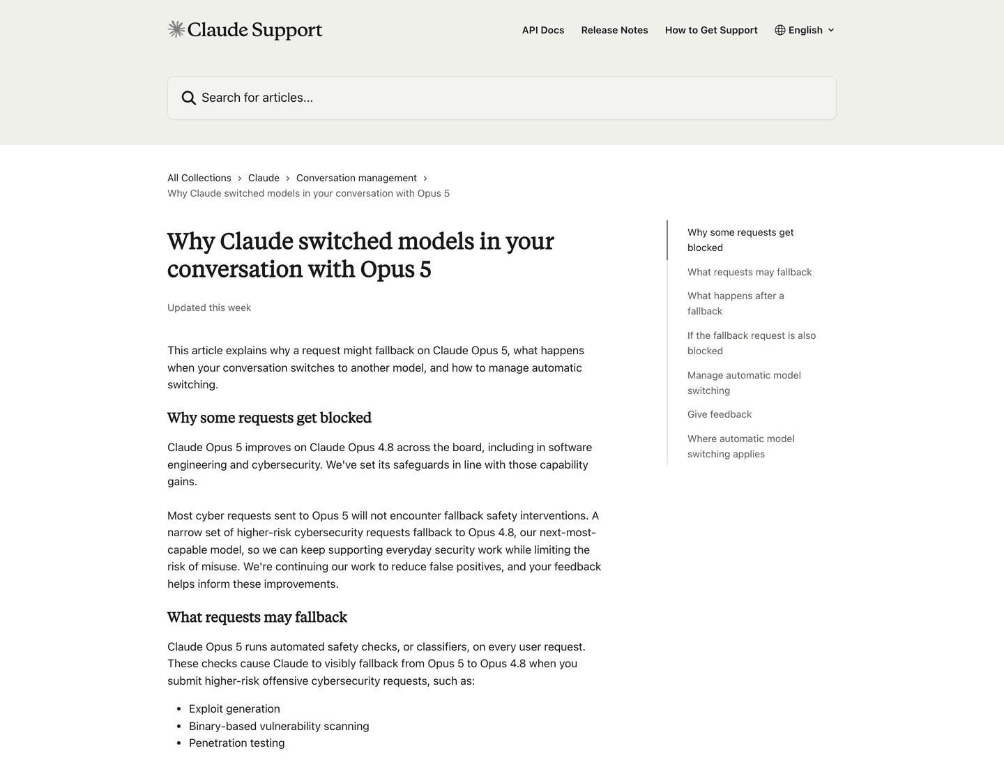 Anthropic's help centre article explaining why a request falls back on Claude Opus 5, listing exploit generation, binary-based vulnerability scanning and penetration testing