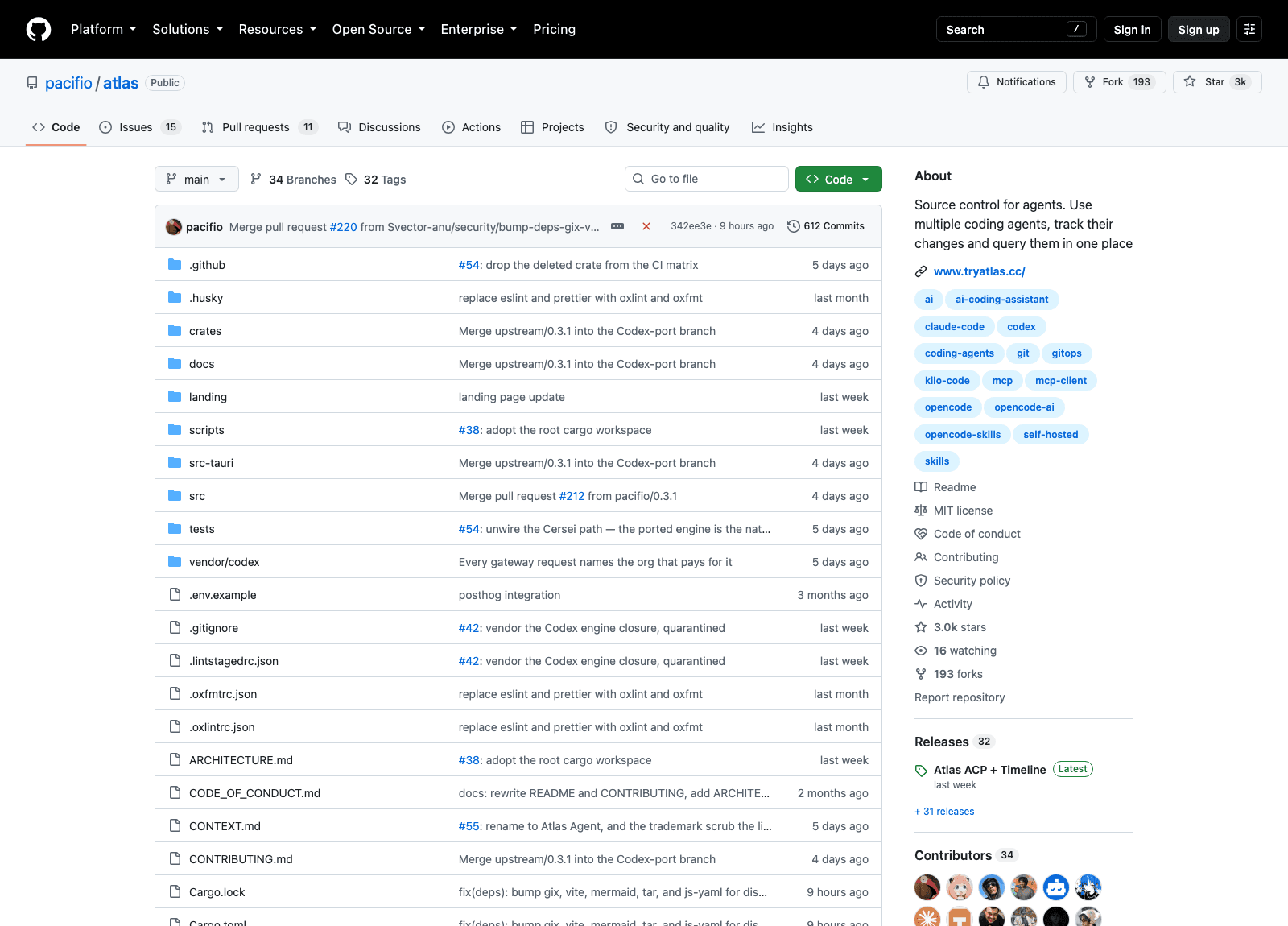 The pacifio/atlas repository on GitHub: 3k stars, 193 forks, MIT licence, 15 open issues and 11 open pull requests, with Rust as the dominant language