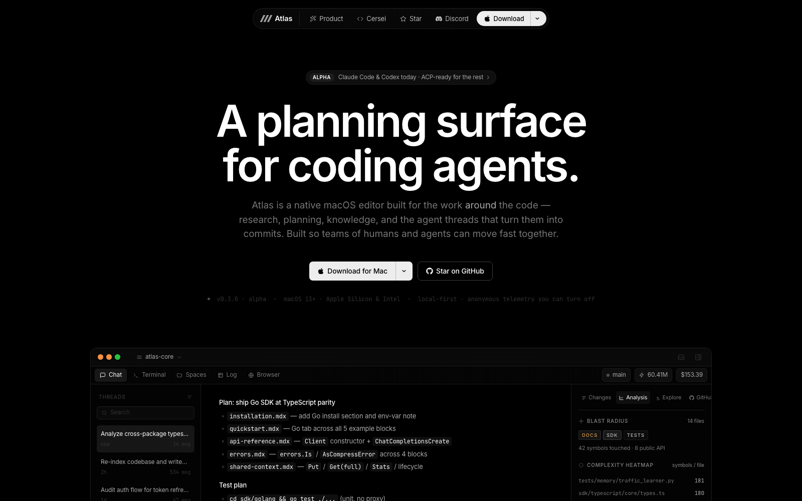 The Atlas site at tryatlas.cc leading with "A planning surface for coding agents" and a footnote line reading v0.3.0, alpha, macOS 13+, Apple Silicon and Intel, local-first, anonymous telemetry you can turn off