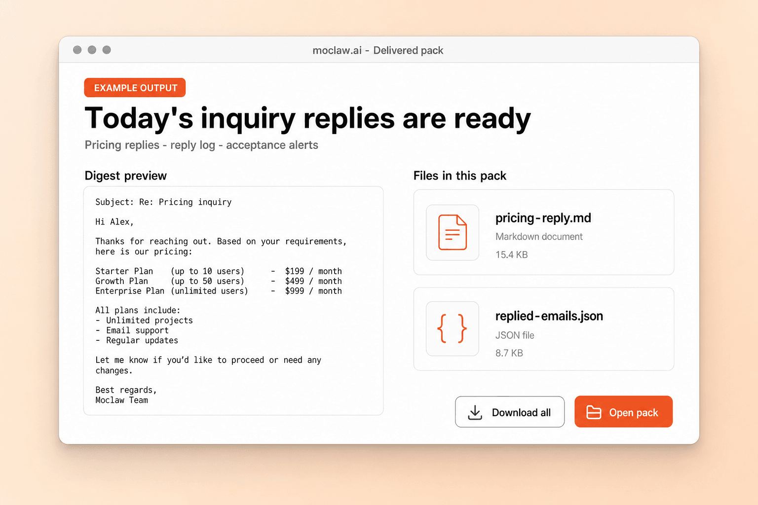 Delivered pack with pricing reply draft, reply log, and acceptance alert ready to review