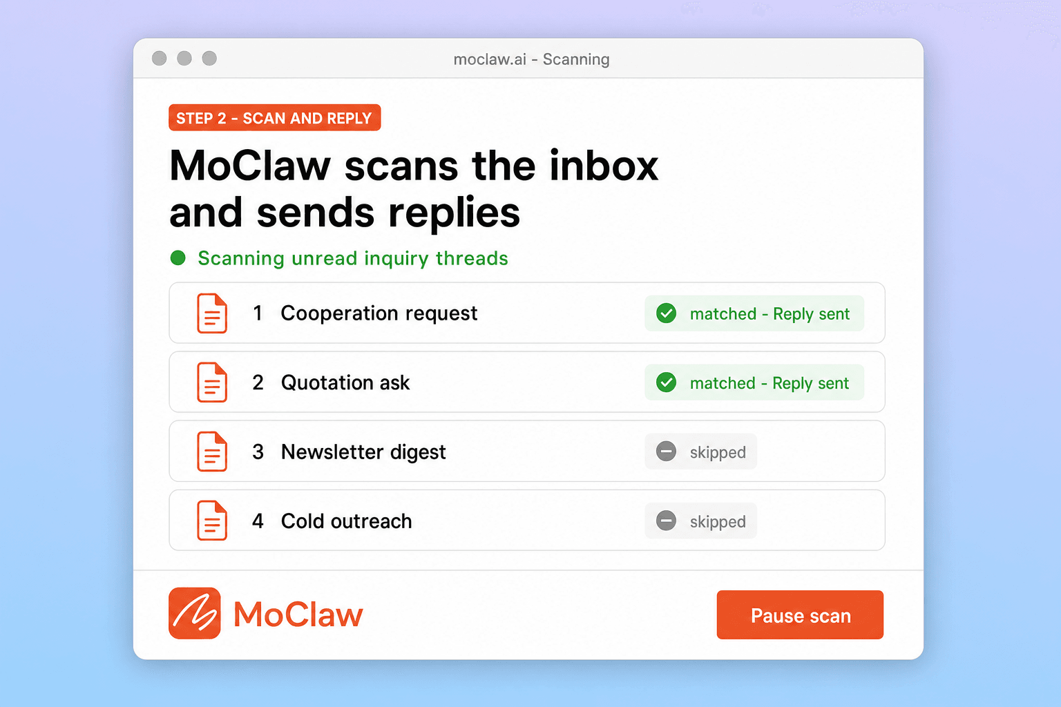 Step 2: MoClaw scanning Gmail for inquiry threads and sending pricing replies