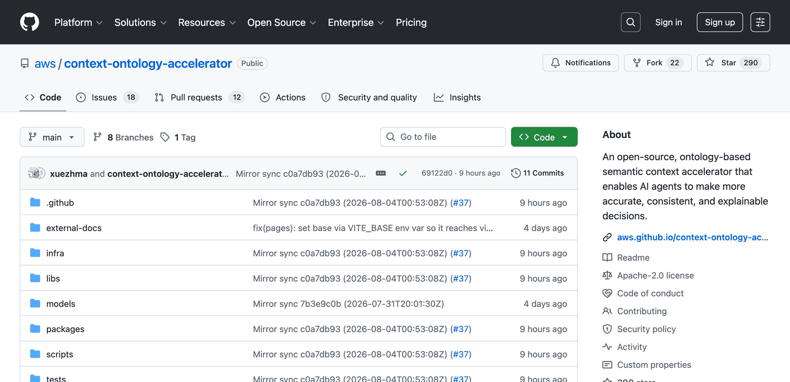 The aws/context-ontology-accelerator repository on August 4, 2026, published under the official aws organization with an Apache-2.0 license