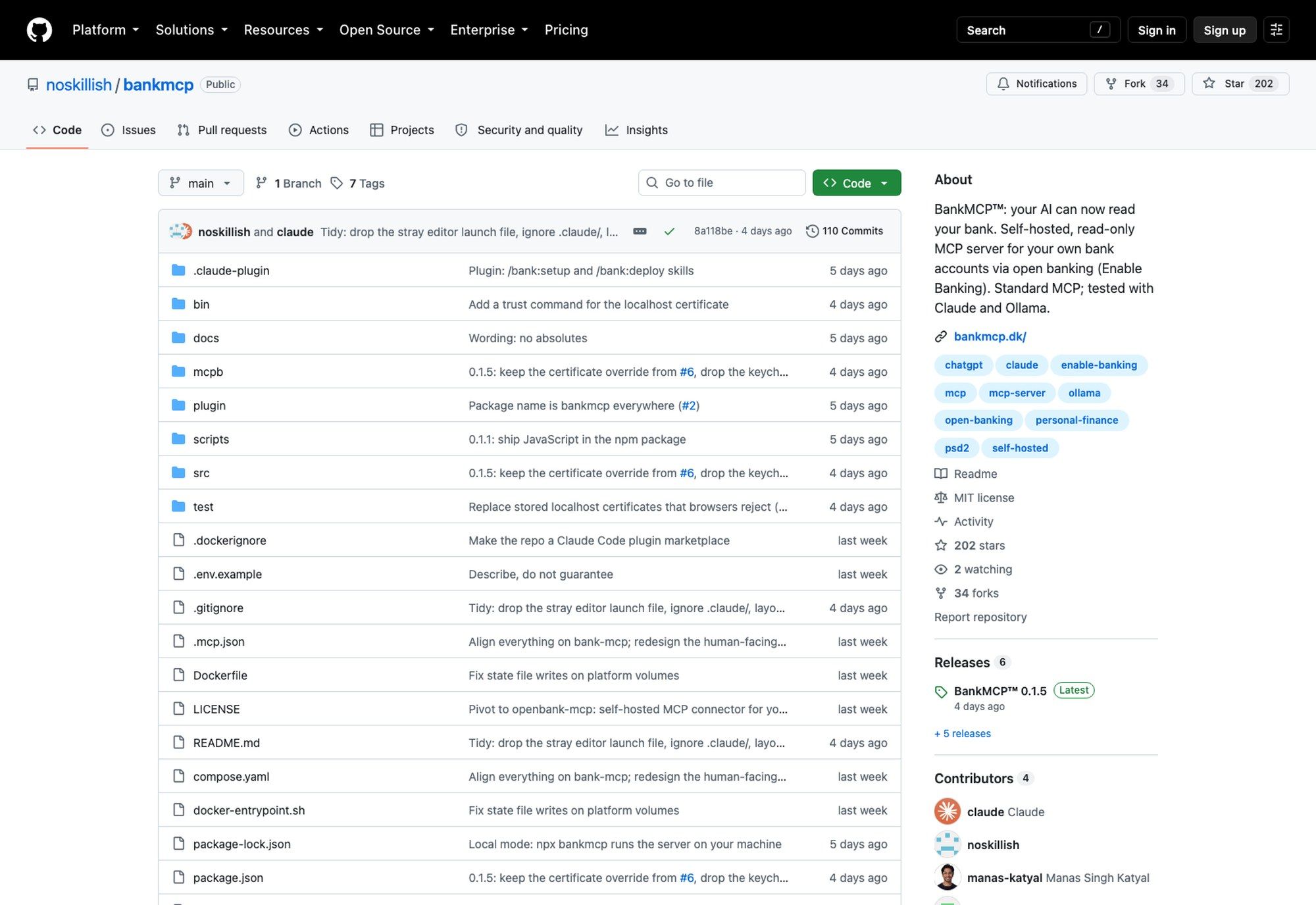 The BankMCP GitHub repository, showing the MIT licence, the v0.1.5 release line and the mcp-server, open-banking, psd2 and self-hosted topics