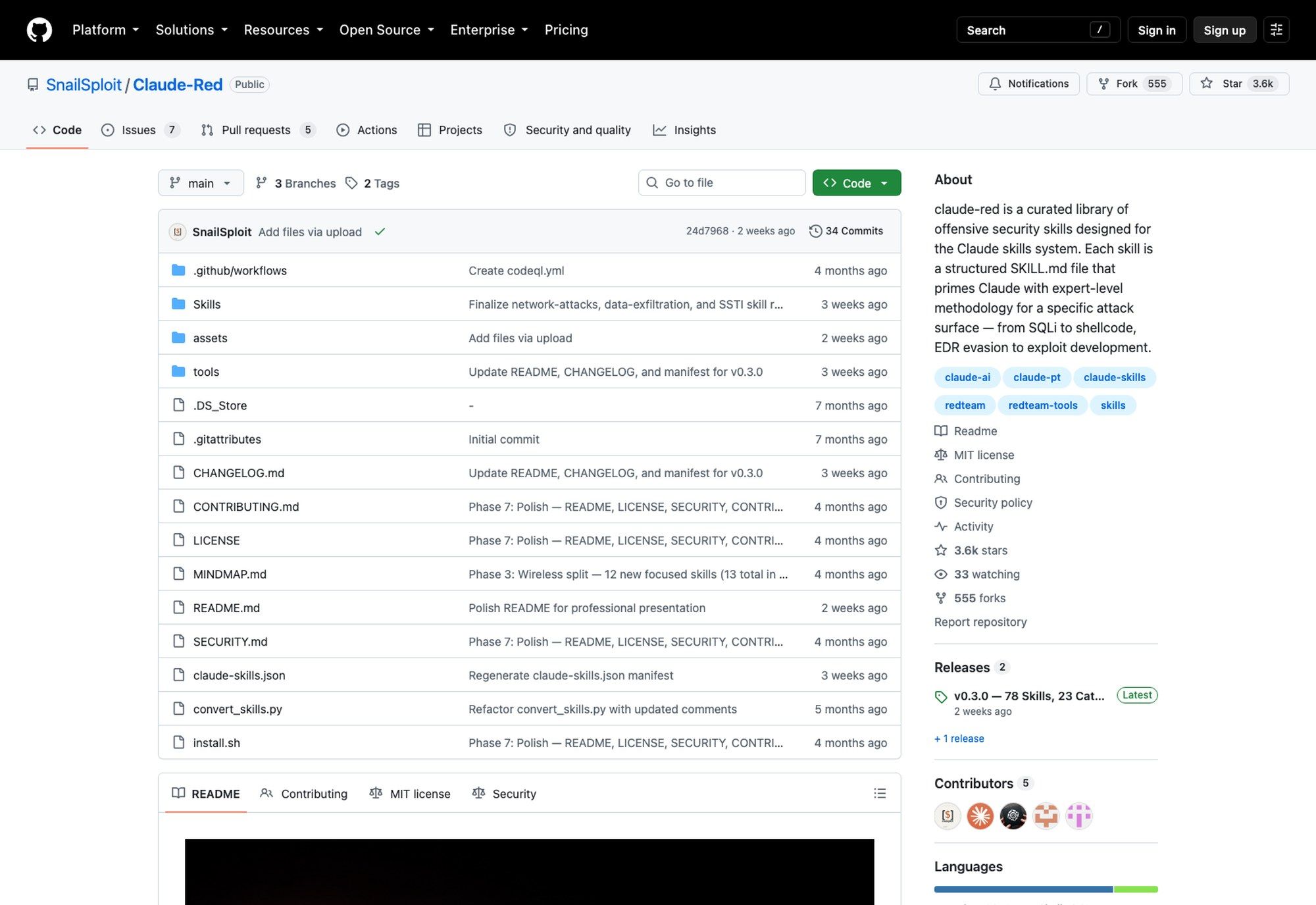 The Claude-Red repository on GitHub: MIT licence, 3.6k stars, 555 forks, and a v0.3.0 release titled "78 Skills, 23 Categories"