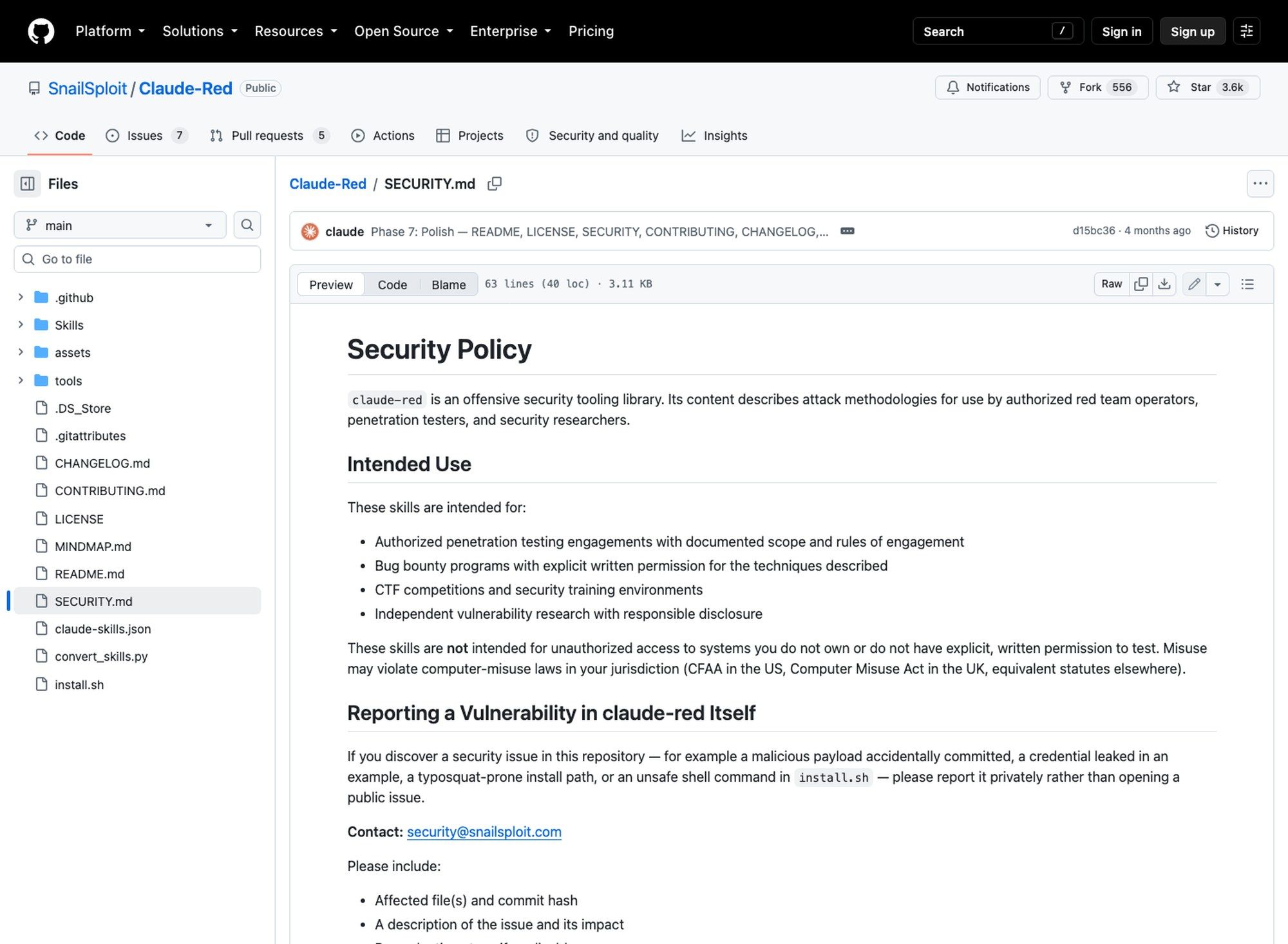 The SECURITY.md file in the Claude-Red repository, listing intended uses and naming the computer-misuse statutes that misuse would violate