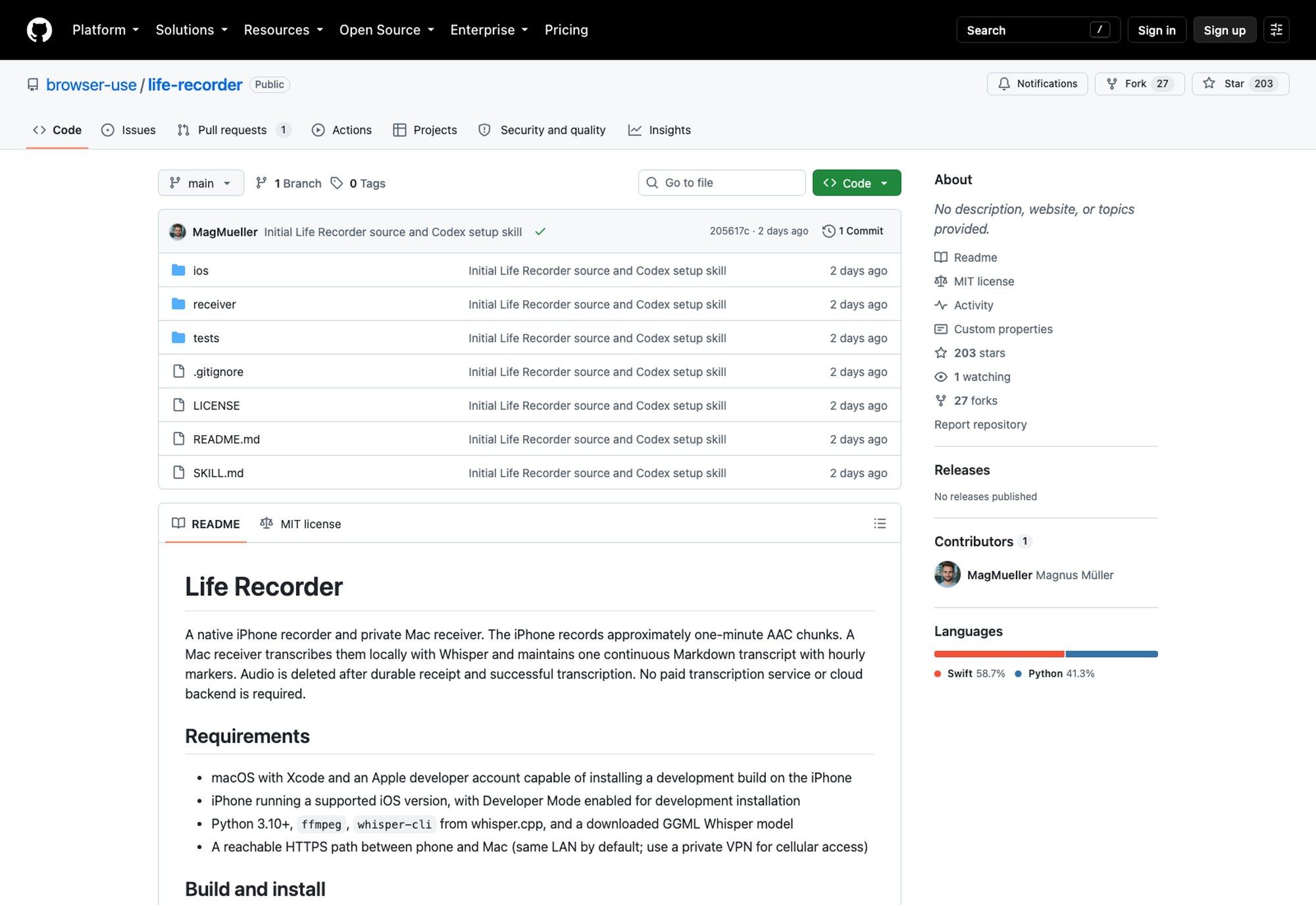 The life-recorder repository on GitHub: MIT licence, one commit, no releases, Swift and Python, and a requirements list naming Xcode, an Apple developer account, ffmpeg and whisper-cli