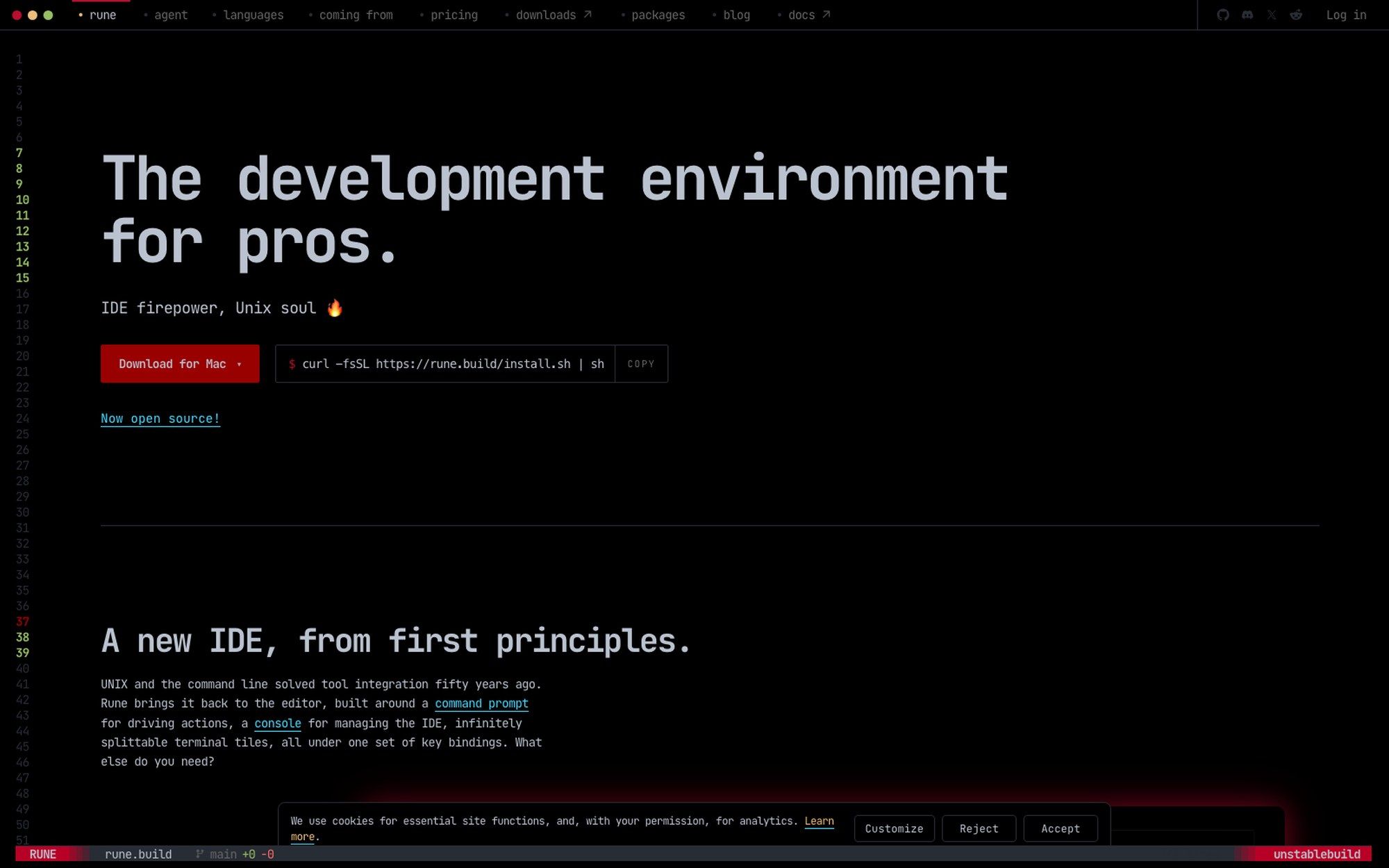 The rune.build homepage: "The development environment for pros", IDE firepower Unix soul, a Download for Mac button, and a shell install one-liner
