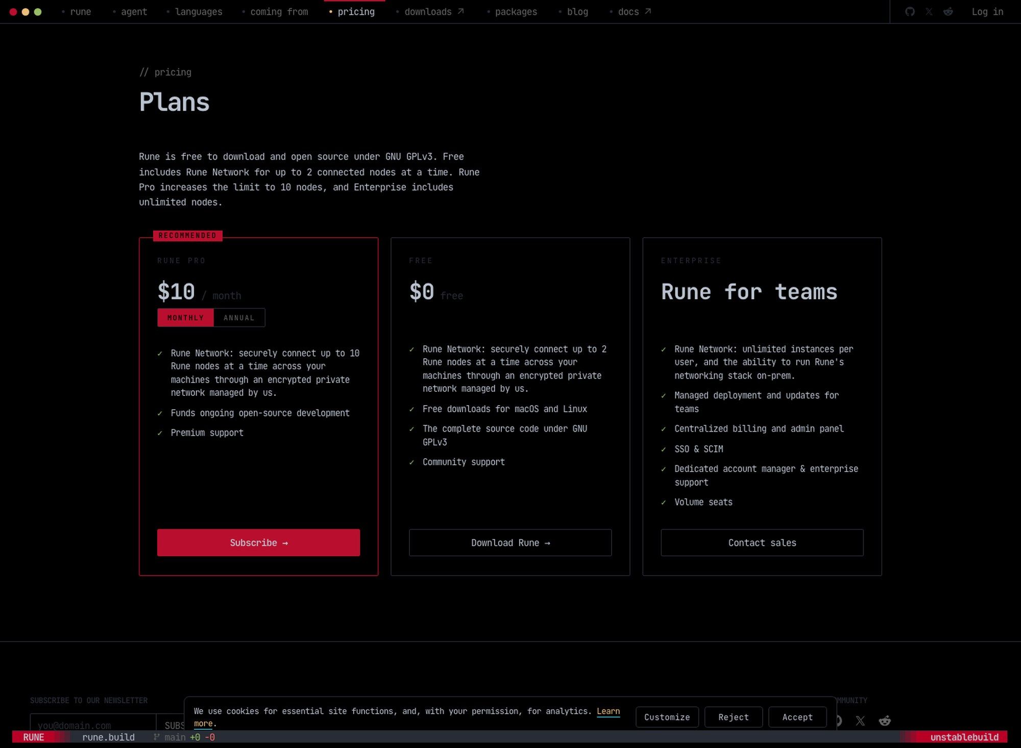 The Rune pricing page: Free at $0, Rune Pro at $10 a month, and an Enterprise tier, with node limits on Rune Network as the difference between them