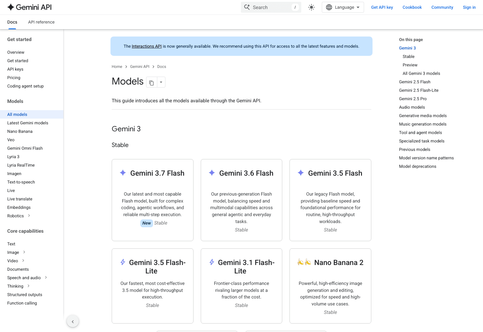 Gemini API models page showing 3.7 Flash marked New Stable alongside 3.6 Flash and 3.5 Flash in the Stable section