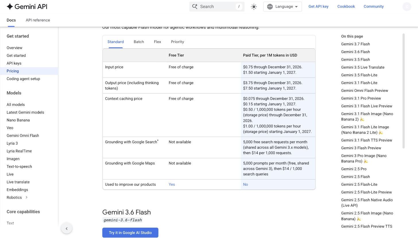 Google's Gemini API pricing page showing the 3.7 Flash Standard tier, with input at $0.75 through December 31 2026 and $1.50 starting January 1 2027