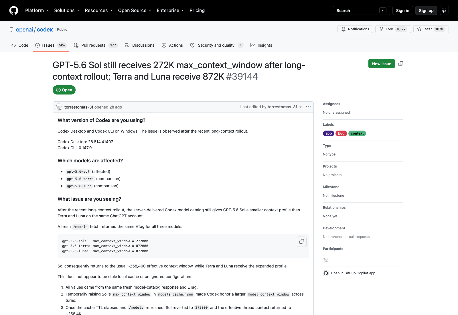 Open GitHub issue on the openai/codex repository reporting Sol capped at 272K max_context_window while Terra and Luna receive 872K