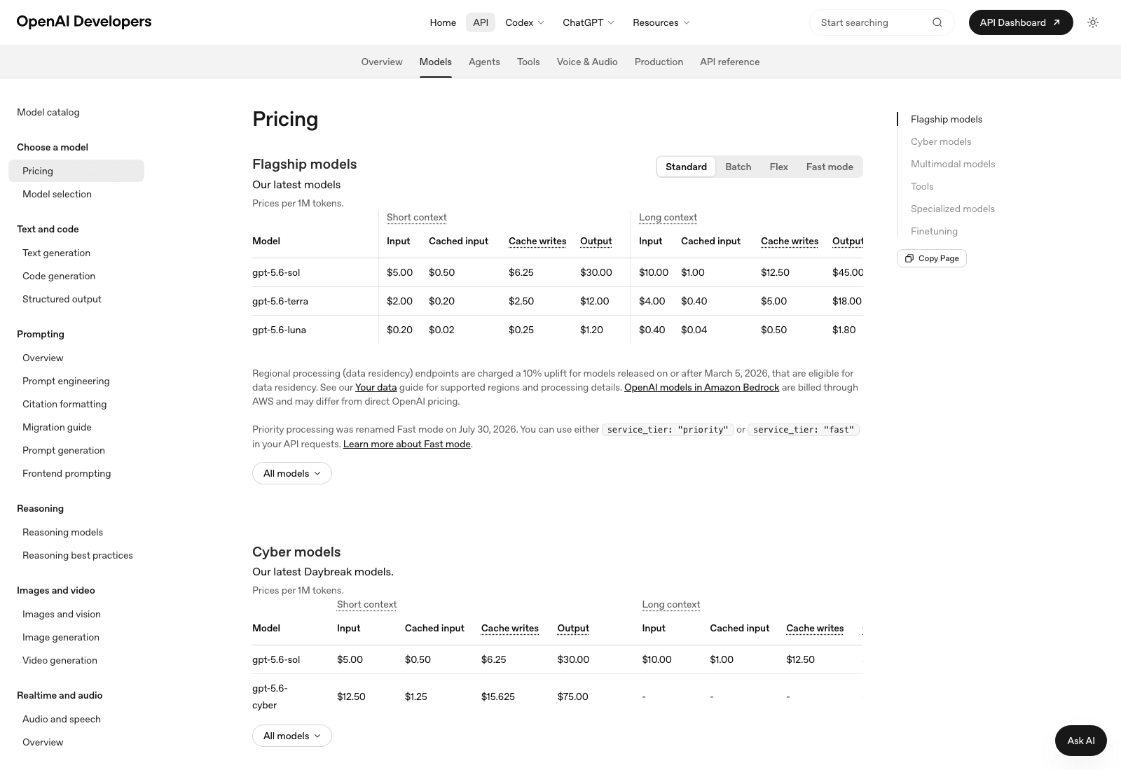 OpenAI API pricing page showing gpt-5.6-sol, terra and luna rates for short and long context, including cached input and cache writes