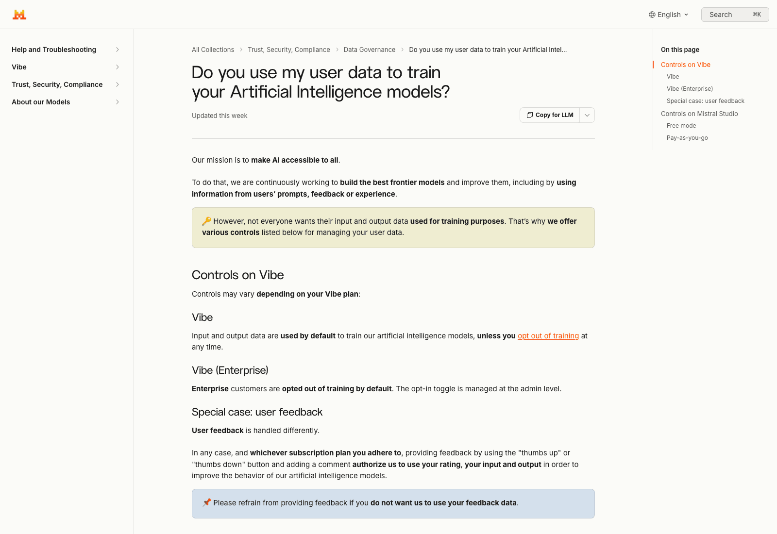 Mistral's help center article stating that standard Vibe input and output data are used by default for training while Vibe Enterprise is opted out by default