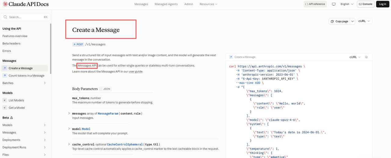 Claude API docs showing the Create a Message page for the POST /v1/messages Messages API endpoint