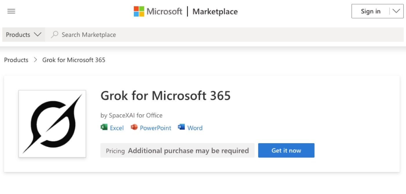 Grok for Microsoft 365 marketplace listing showing Office app coverage