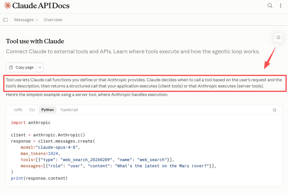 Claude API docs page for tool use, explaining that the model returns a structured tool call your application executes