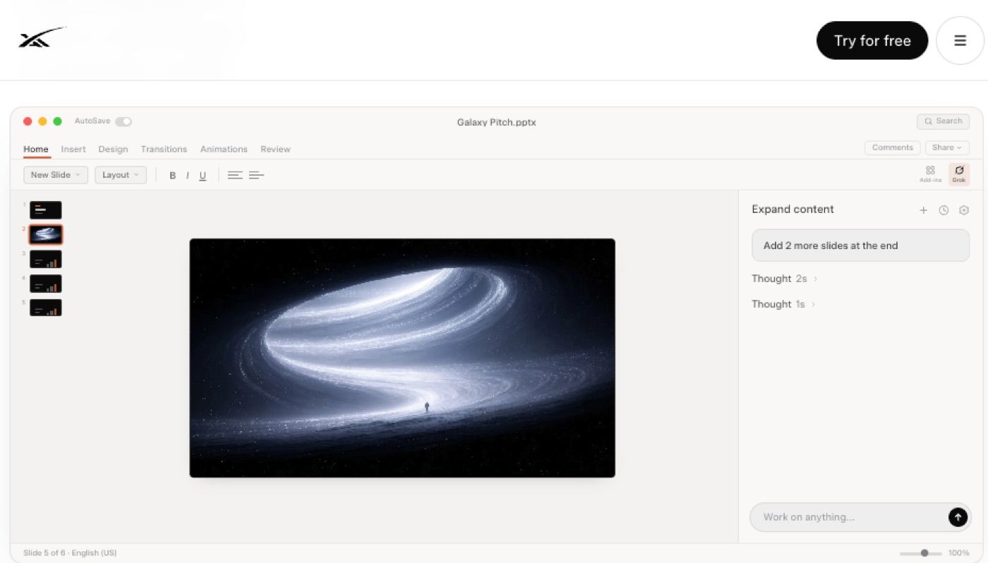 Grok PowerPoint add-in turning an outline into editable slides