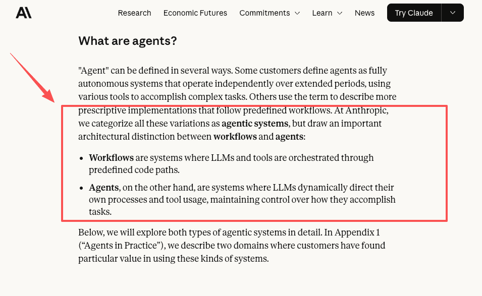 Anthropic's Building effective agents page distinguishing workflows from agents