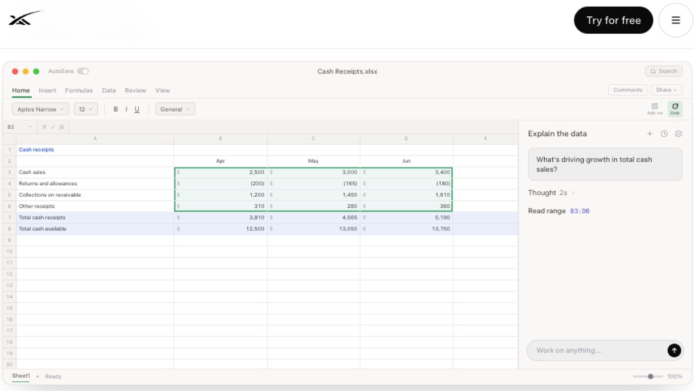 Grok Excel add-in working beside a workbook for formulas and scenarios
