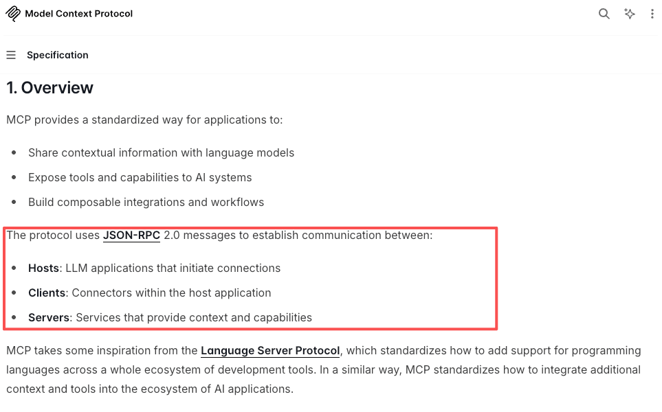 Model Context Protocol specification overview showing the host, client, and server roles