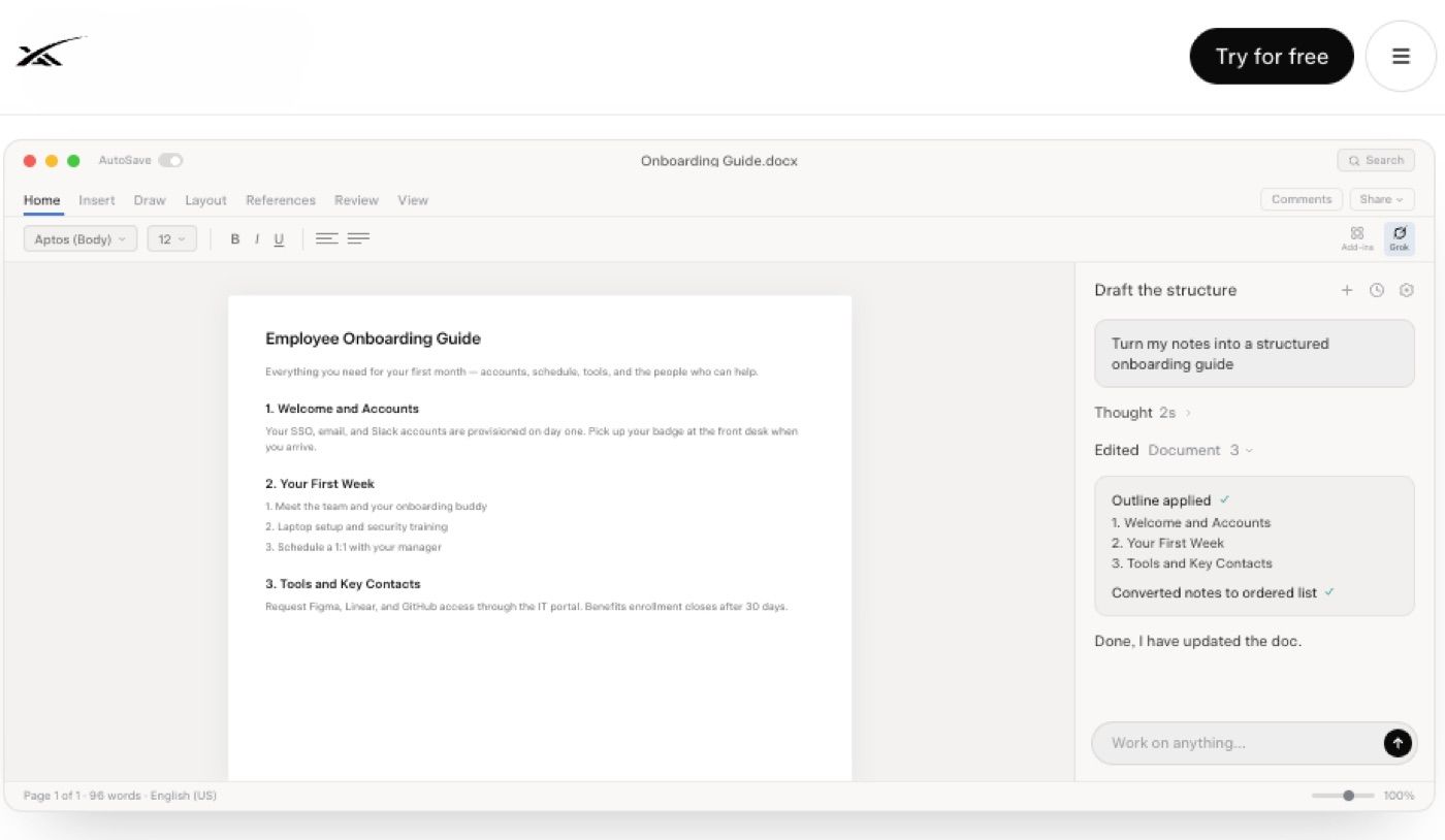 Grok Word add-in structuring and revising a long document in place