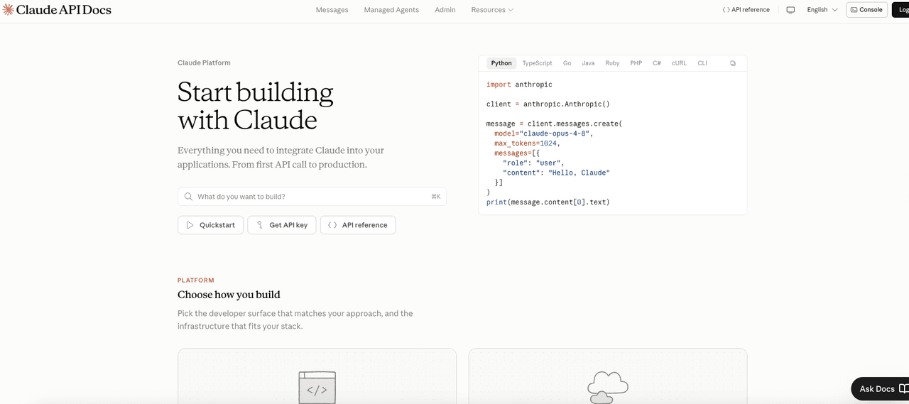 Claude Platform Start building with Claude documentation landing page