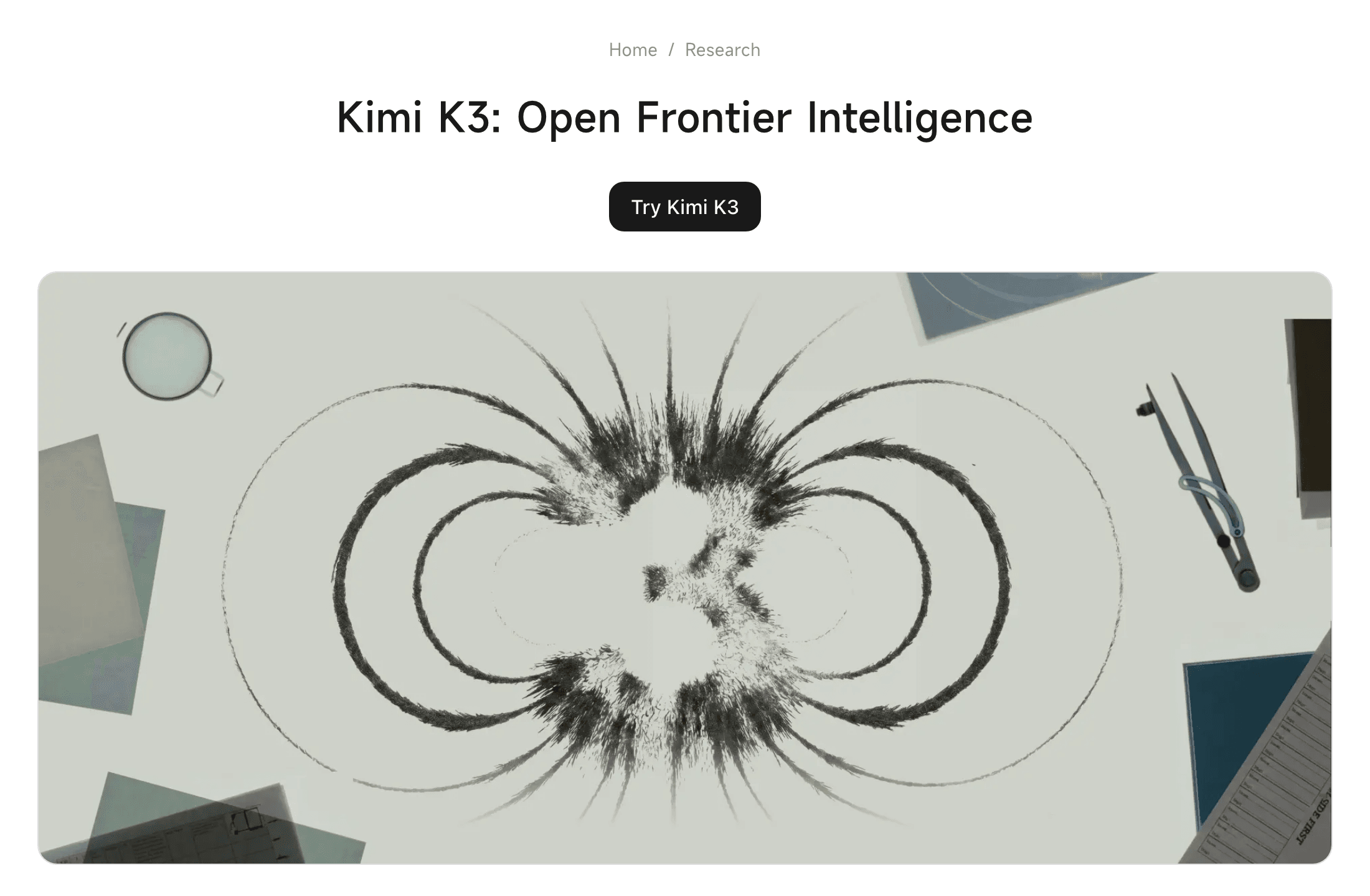 Kimi K3's official launch page, titled Open Frontier Intelligence (source: kimi.com)