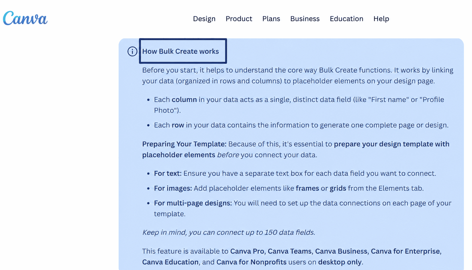 Canva's Bulk Create help page: rows and columns connect to placeholder elements, up to 150 data fields, on desktop only.