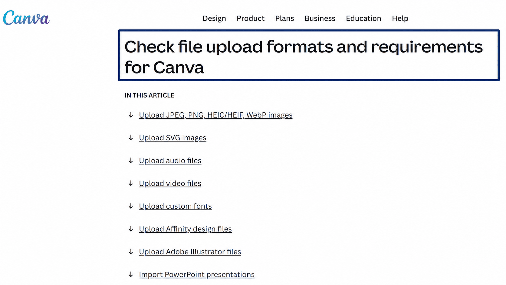 Canva's file upload formats and requirements page, the reference for any media entering a bulk content creation batch.
