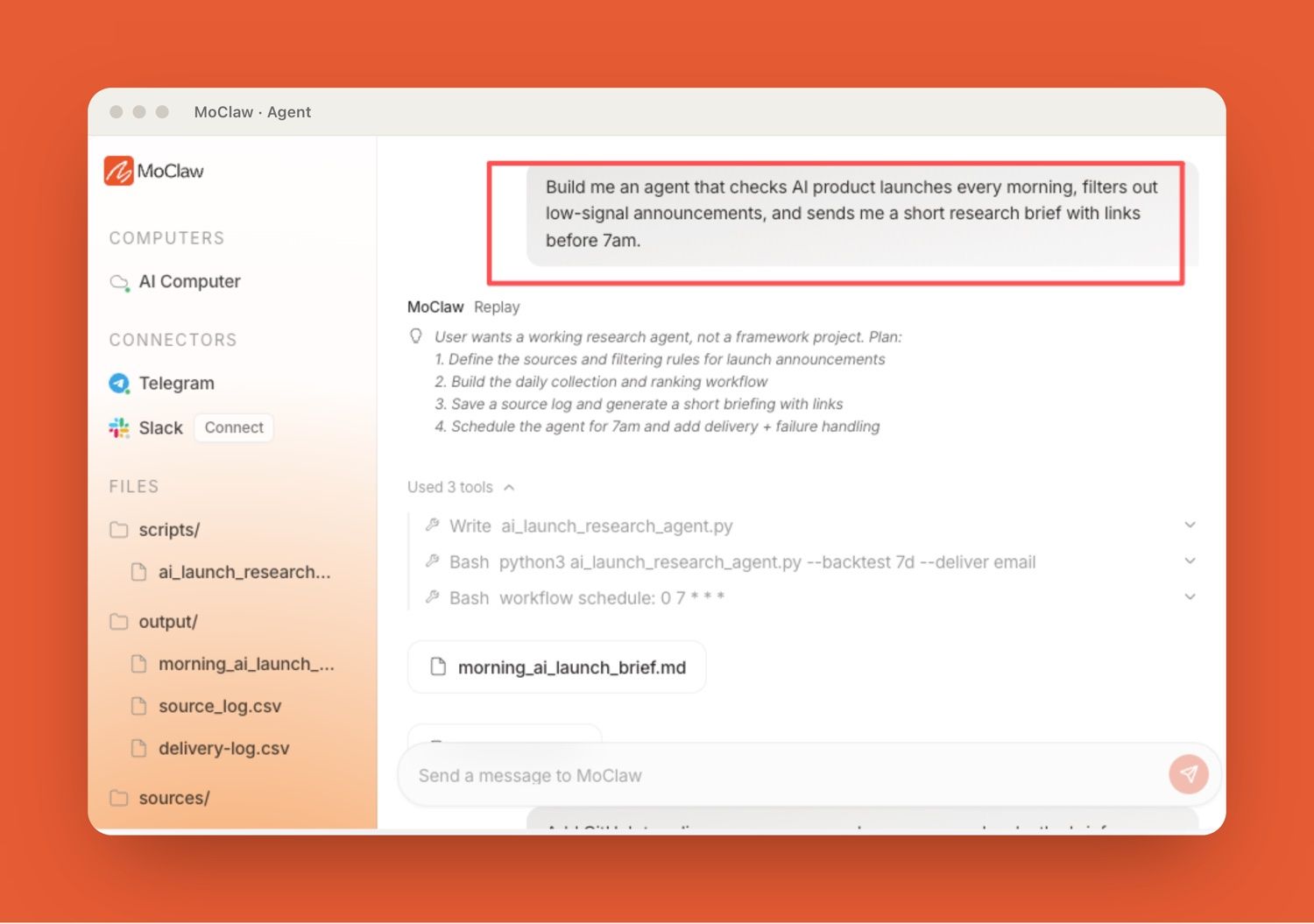 A MoClaw cloud agent turning a chat request into a scoped, scheduled task with reviewable output.