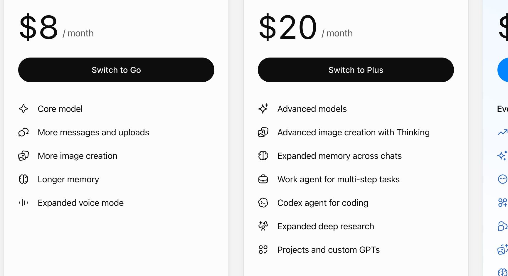 The $8 Go card next to the $20 Plus card. "Work agent for multi-step tasks" appears only on Plus; Go carries the footnote "This plan may include ads."