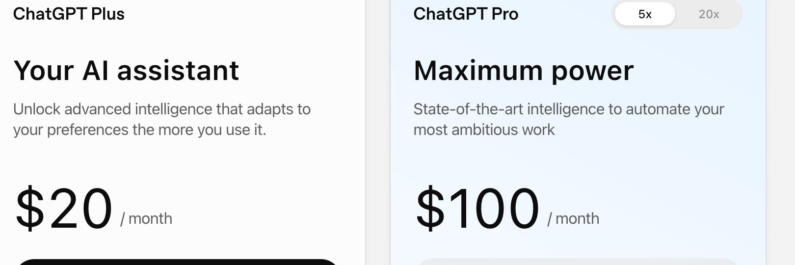 Plus at $20 next to Pro with the 5x option selected at $100, 11 August 2026. Flipping the Pro toggle to 20x changes the price to $200 and changes nothing else in the feature list.