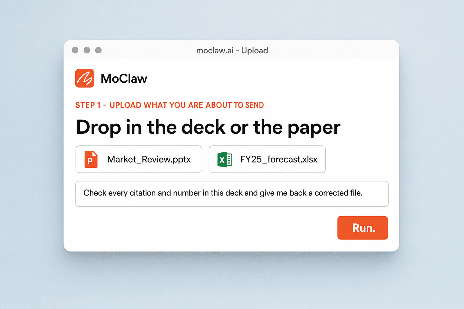 MoClaw screen with a deck and a source spreadsheet attached, ready to be checked