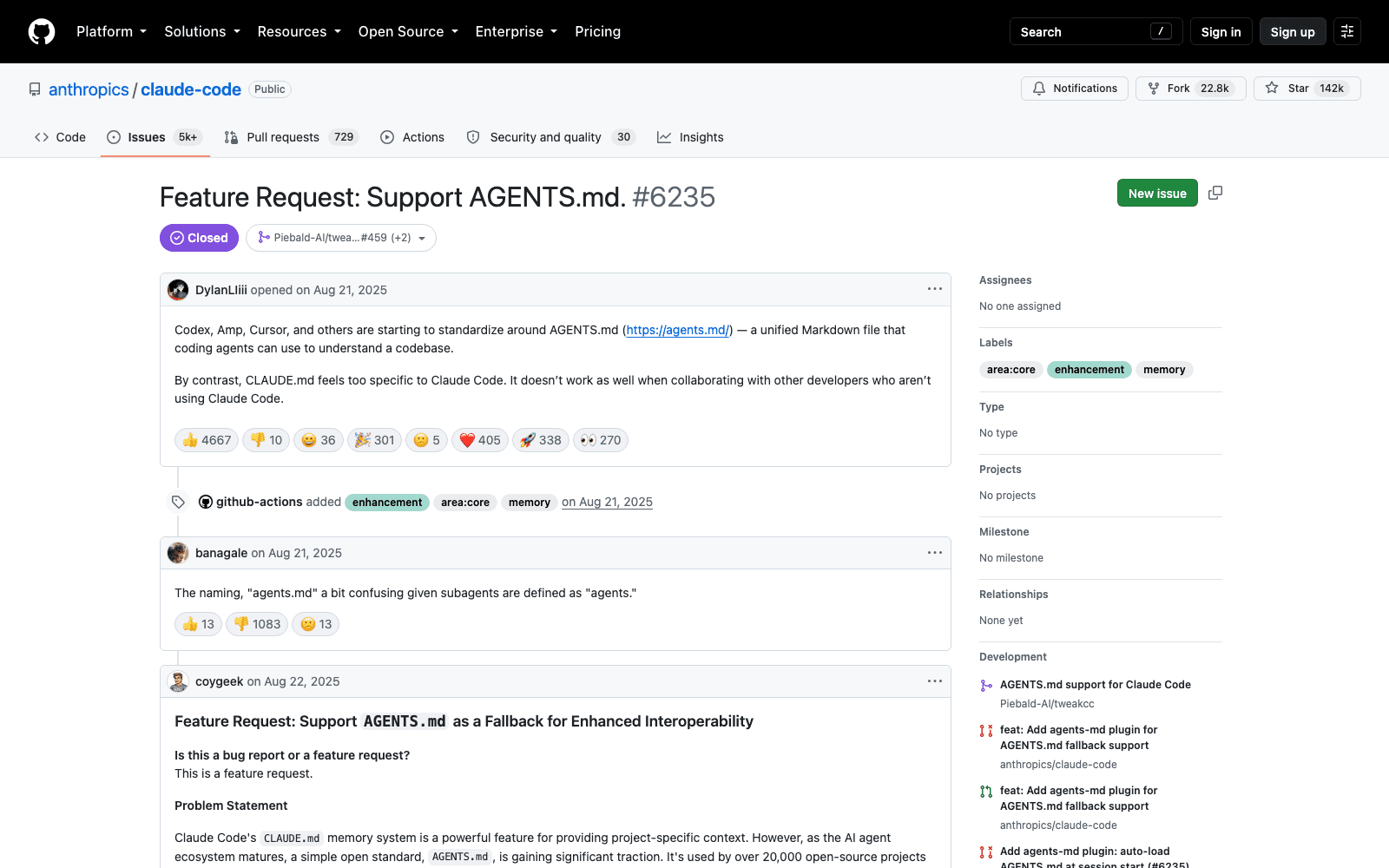 The closed issue on 2026-08-20: "Feature Request: Support AGENTS.md. #6235", 4,667 thumbs-up, and a Development sidebar showing the close was linked to a pull request in Piebald-AI/tweakcc rather than to a change in Claude Code itself.