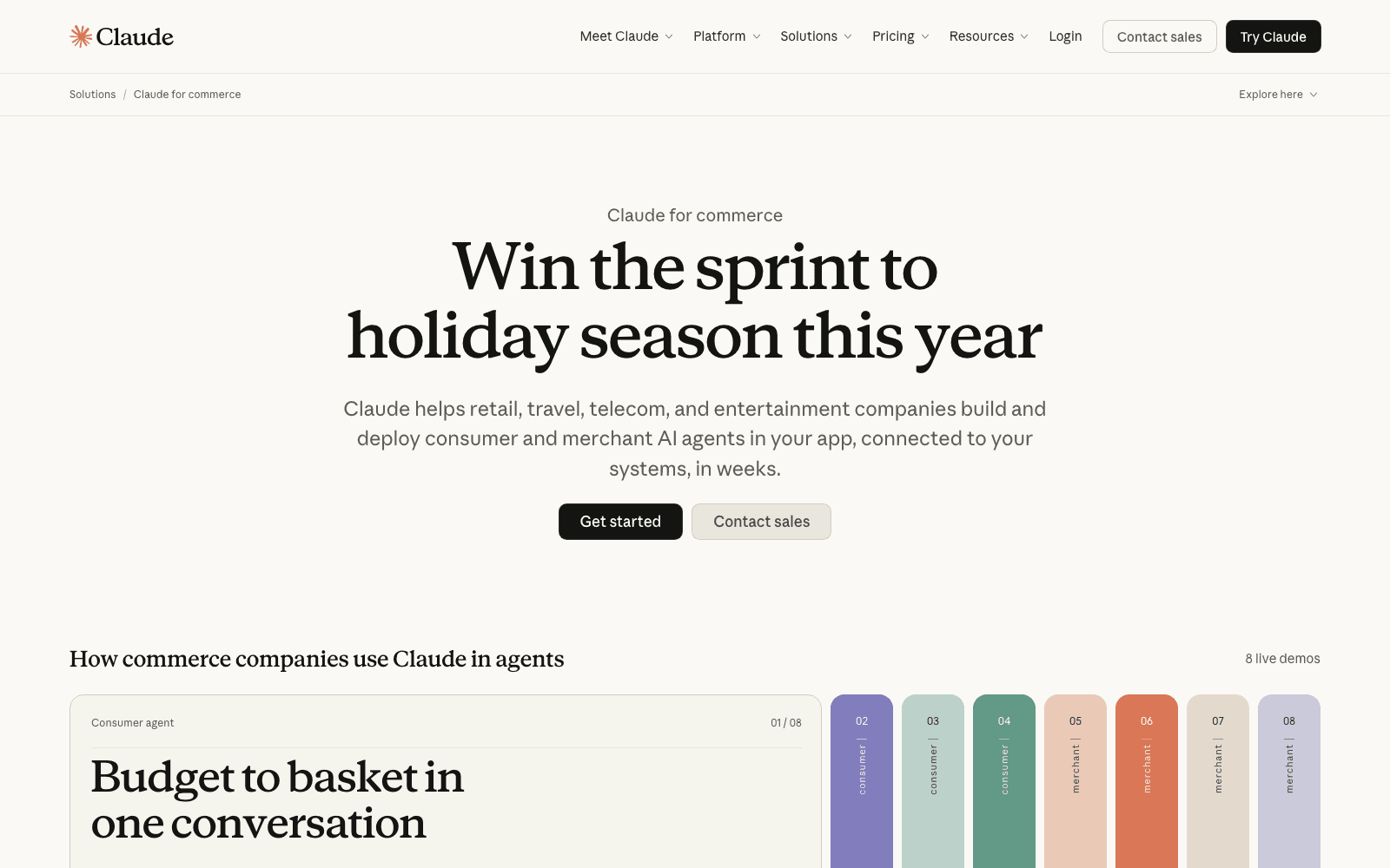 The Claude for commerce solutions page, leading with "Win the sprint to holiday season this year" and eight live demos split evenly between consumer and merchant agents