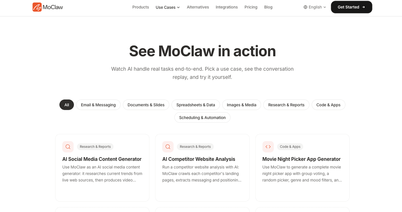 MoClaw See MoClaw in action use-cases page showing AI handling real tasks across email, documents, spreadsheets, research, and scheduling