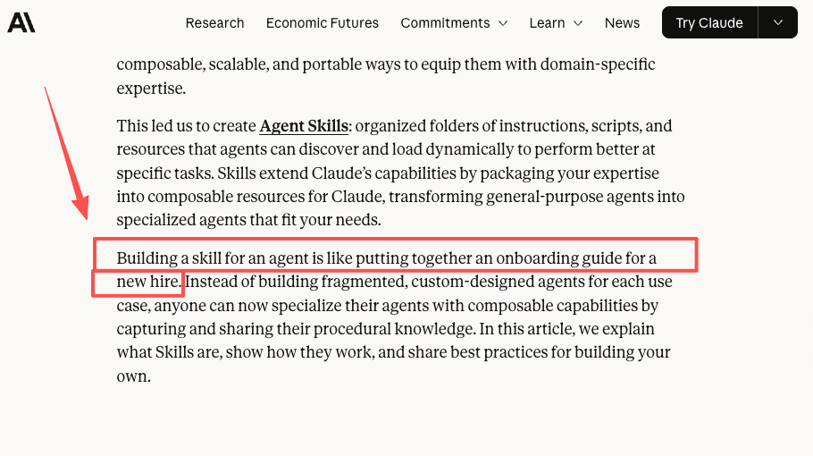 Anthropic's Agent Skills engineering write-up comparing a skill to an onboarding guide for a new hire